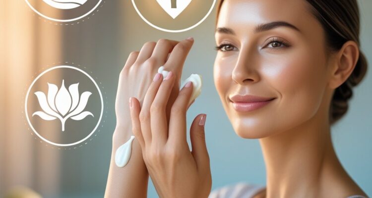 A woman applying estrogen cream to her forearm surrounded by symbols representing skin health, bone strength, relief from menopausal symptoms